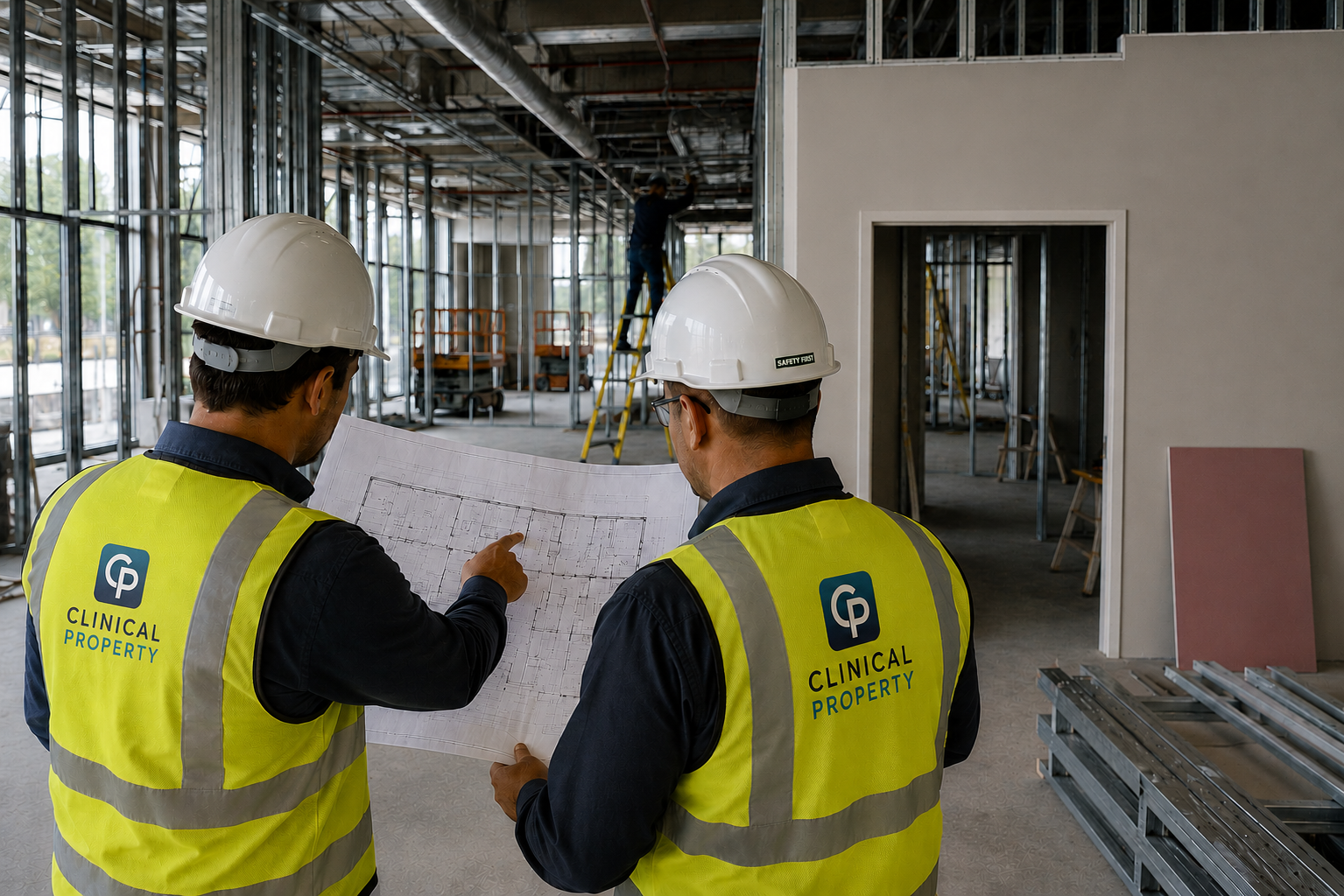 Clinical Property team reviewing plans on a healthcare development site