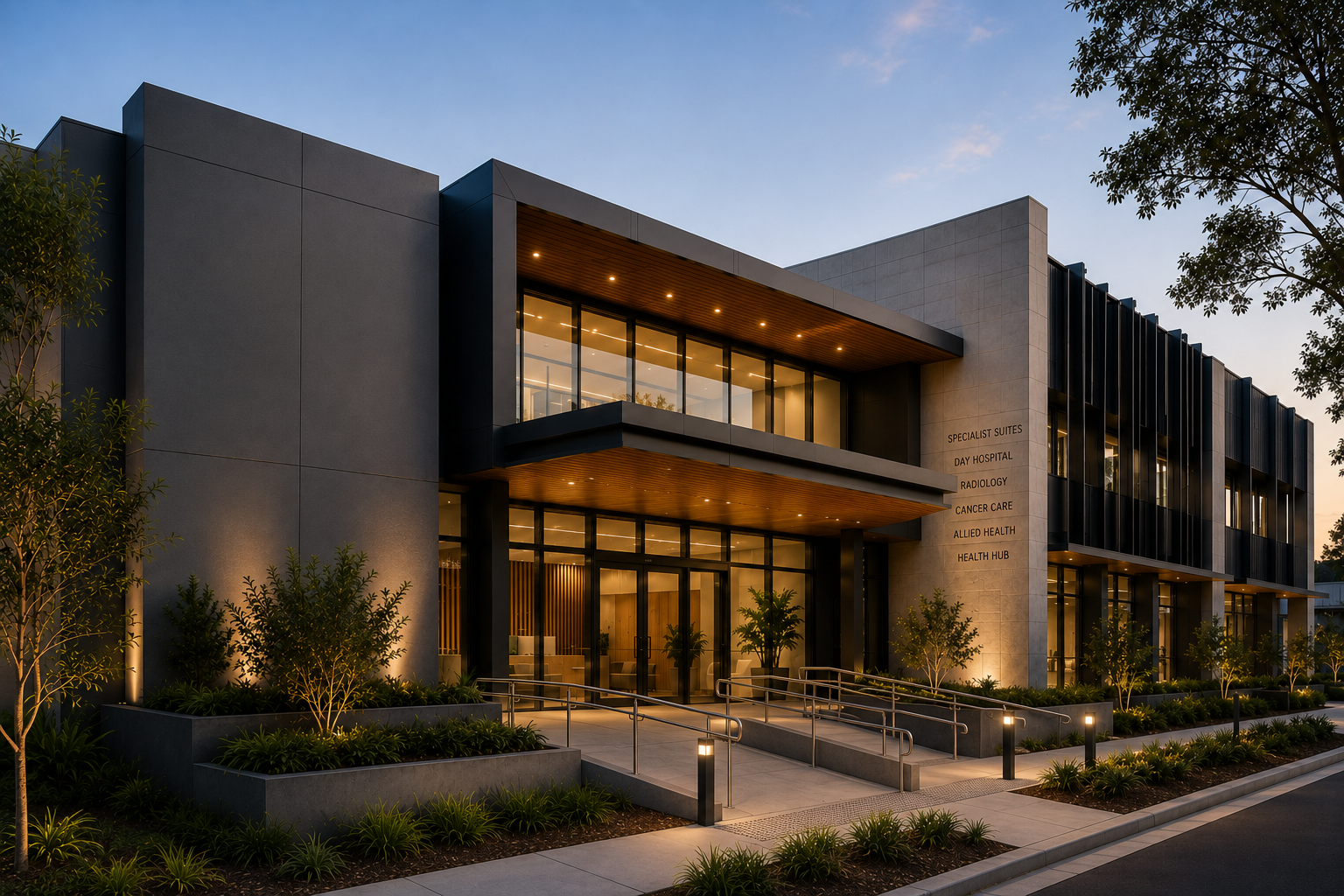 Modern healthcare building at dusk with specialist suites, day hospital, radiology, cancer care and allied health